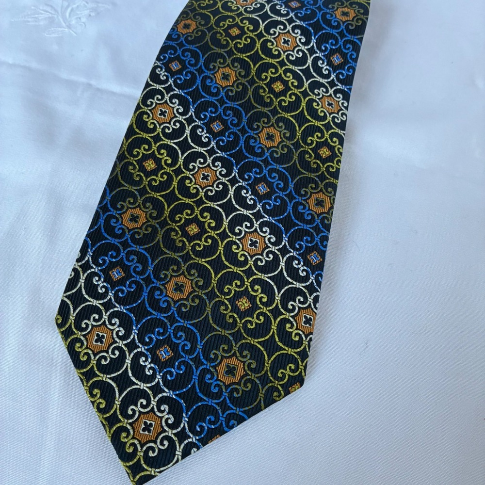 Giorgio Bissoni Mens Necktie Blue Gold Orange Geometric Scroll Medallion Pattern